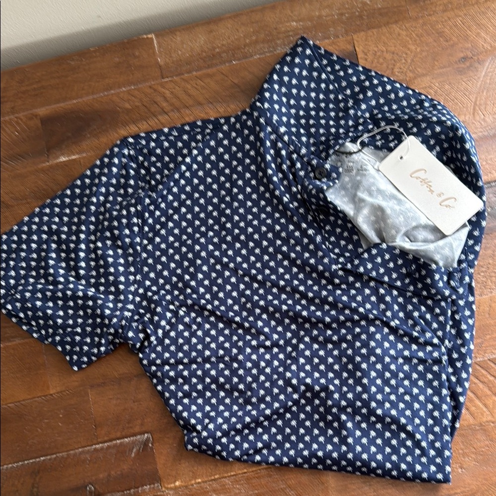 Men's Cotton &Co Navy and White Patterned Polo XL